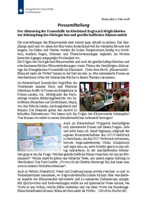 Aktionstag der Frauenhilfe im Rheinland fragt nach Möglichkeiten zur Bekämpfung des ökologischen und gesellschaftlichen Klimawandels